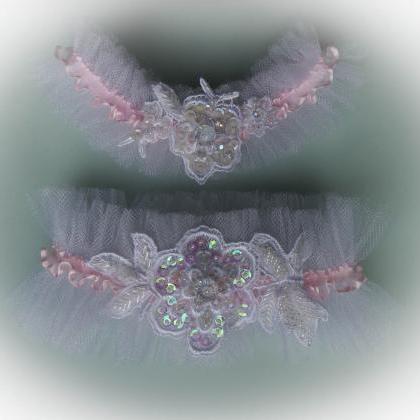 Blush Wedding Garter Set With Crystals, Beads,..