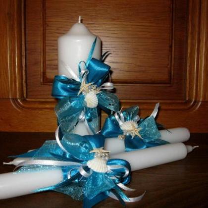 Rustic Wedding Unity Candles, Seashells Decorated,..