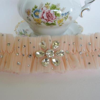 Peach Wedding Garter With Swarovski Crystals,..