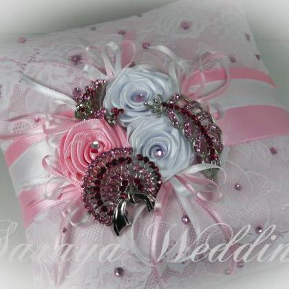 Lace Ring Bearer Pillow, Blush Pink, Crystal..