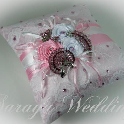 Lace Ring Bearer Pillow Blush Pink Crystal Brooch Wedding