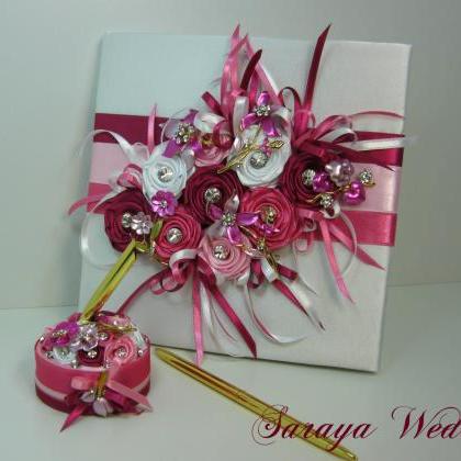 Wedding Guest Book And Pen Set, White, Pink, Red,..