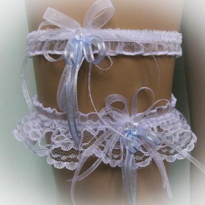 Lace Wedding Garter Set With Crystal Beads, White..