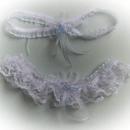 Lace Wedding Garter Set With Crystal Beads, White..