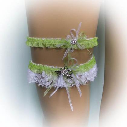 Lace Wedding Garter Set With Crystal Brooch, Lime..