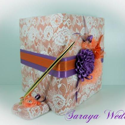 Wedding Guest Book With Orange And Purple Flowers,..