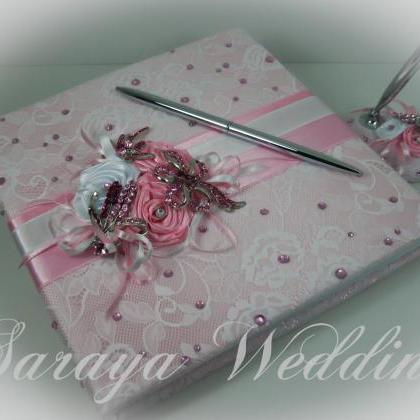 Lace Wedding Guest Book And Pen Set, Blush Pink..