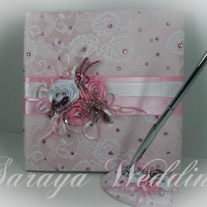 Lace Wedding Guest Book And Pen Set, Blush Pink..
