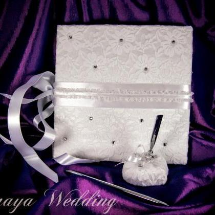 Satin Wedding Guest Book And Pen, Personalized..