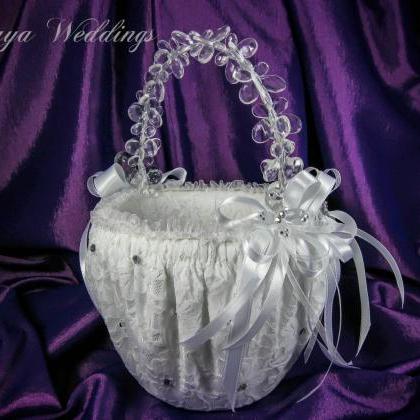 Flower Girl Basket, Wedding Basket In White Satin,..