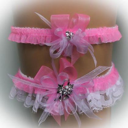 Lace Wedding Garter Set With Crystal Brooch, Blush..
