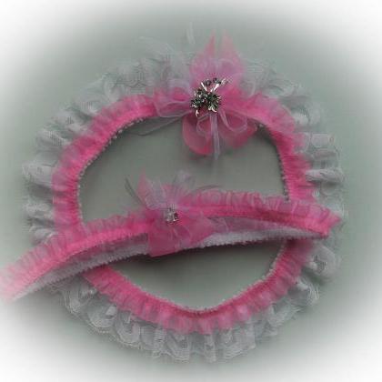 Lace Wedding Garter Set With Crystal Brooch, Blush..