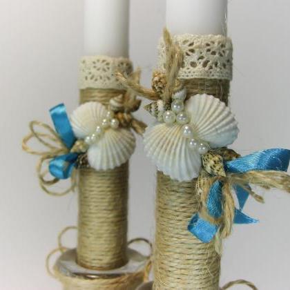 Handmade Rustic Wedding Unity Candles, Seashells,..