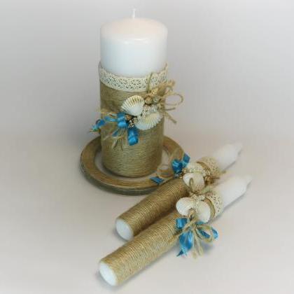 Handmade Rustic Wedding Unity Candles, Seashells,..