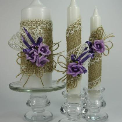 Rustic Wedding Unity Candles, Purple Roses,..
