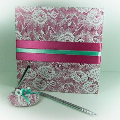 Lace Wedding Guest Book And Pen, Fuchsia And..