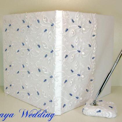 Lace Wedding Guest Book And Pen In White Silk,..