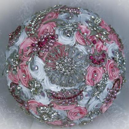 Pink And White Wedding Brooch Bouquet, Bridal..