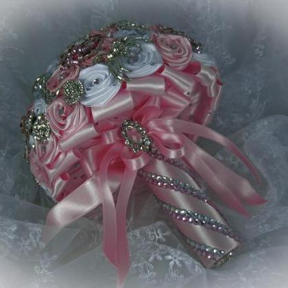 Pink And White Wedding Brooch Bouquet, Bridal..