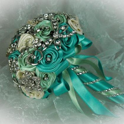 Ivory, Light Green And Aquamarine Wedding Brooch..