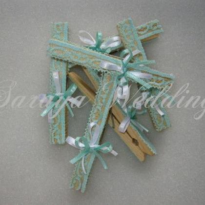24 Pcs Wedding Wooden Clothes Pins In Turquoise..