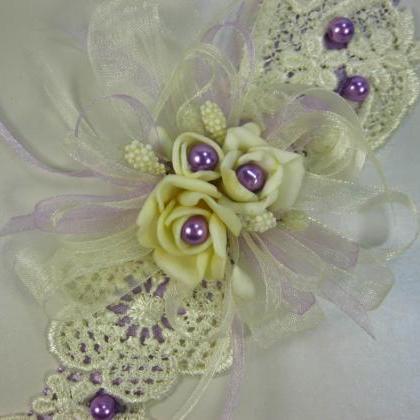 Wedding Guest Book Ivory Lace, Purple Pearls,..
