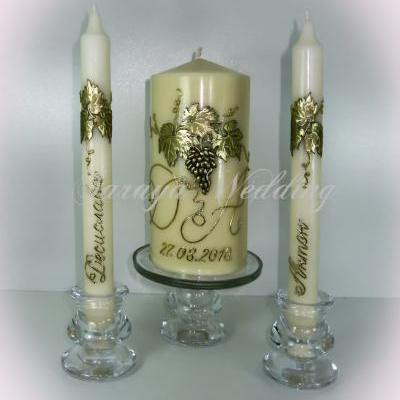 Wedding Unity Candles &quot; Golden Grapes'', Pillar Candle, Taper Candles, Handmade Candles, Personalized Candles, Unity Candle Set