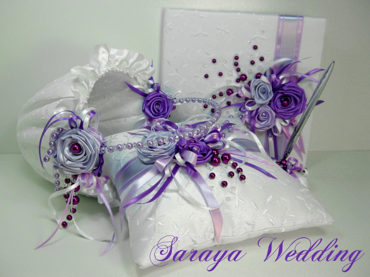 Wedding Guest Book, Flower Girl Basket And Ring Bearer Pillow Set In White Satin Embrodery , Purple Roses And Purple Pearls, Wedding Set