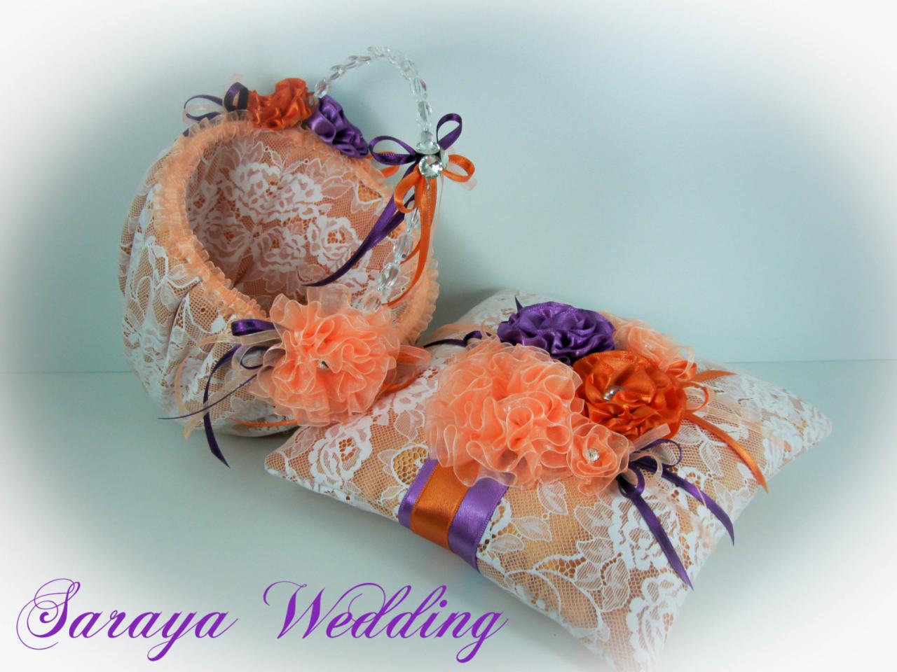 Flower Girl Basket And Ring Bearer Pillow Set In Orange Satin, White Lace, Wedding Set, Wedding Favors Basket, Wedding Gifts, Ring Boy