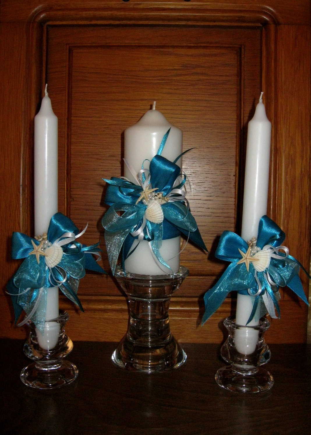 Rustic Wedding Unity Candles Seashells Decorated Pillar Candle