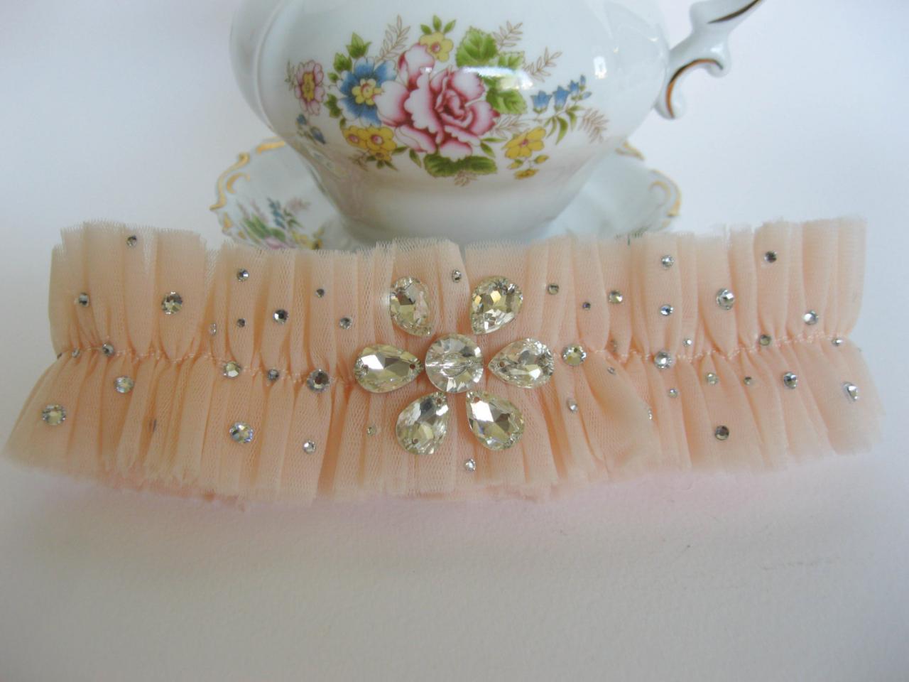Peach Wedding Garter With Swarovski Crystals, Tulle Bridal Garter, Modern Garter, Crystal Garter, Teardrop Garter, Prom Garter