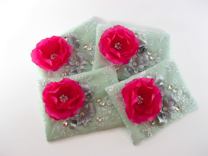 Zippered Wedding Purses With Magenta Flowers Set Of 4, Mint Green Lace Clutch, Bridesmaid Clutch, Rhinestone Pouch, Cosmetic Bag, Makeup Bag