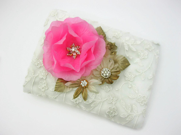 Zippered Wedding Purse With Blush Flower, Ivory Lace Clutch, Bridesmaid Clutch, Rhinestone Pouch, Cosmetic Bag, Makeup Bag