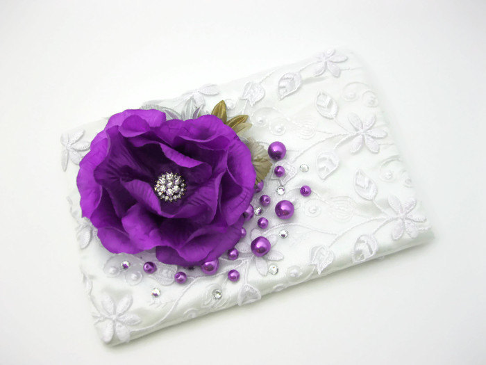 Zippered Wedding Purse With Lilac Purple Flowers And Pearls, Lace Clutch, Bridesmaid Clutch, Rhinestone Pouch, Cosmetic Bag, Makeup Bag