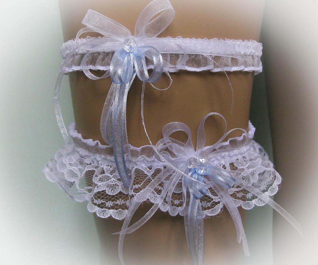 Lace Wedding Garter Set With Crystal Beads, White And Blue, Bridal Garter Set, Vintage Garter, Stretch Garter, Crystal Garter, Prom Garter