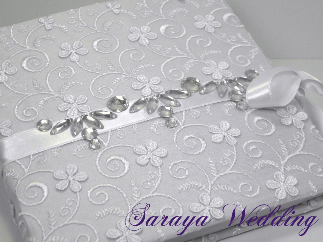 Lace Wedding Guest Book And Pen Set, Personalized Guest Book, White, Rhinestone Wedding Guestbook, Wedding Sign In Book, Winter Wedding