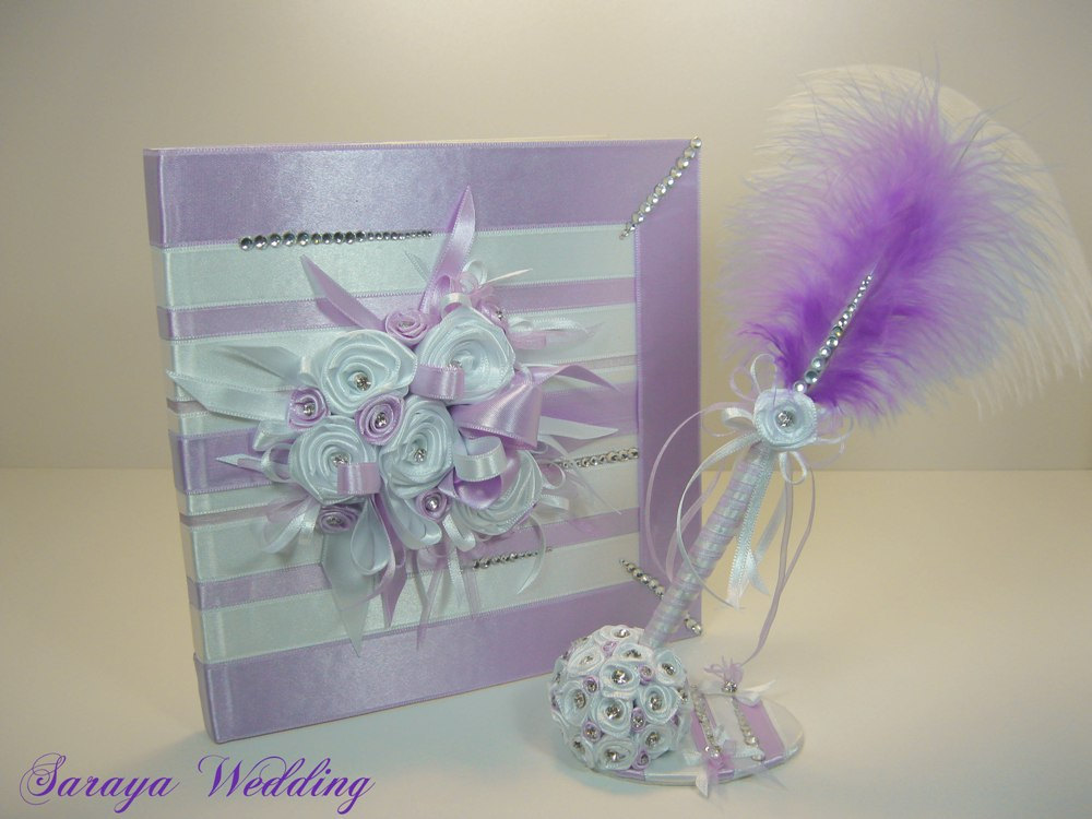 Wedding Guest Book And Pen, Crystals, Personalized Guest Book, White And Purple, Wedding Guestbook, Wedding Sign In Book, Winter Wedding