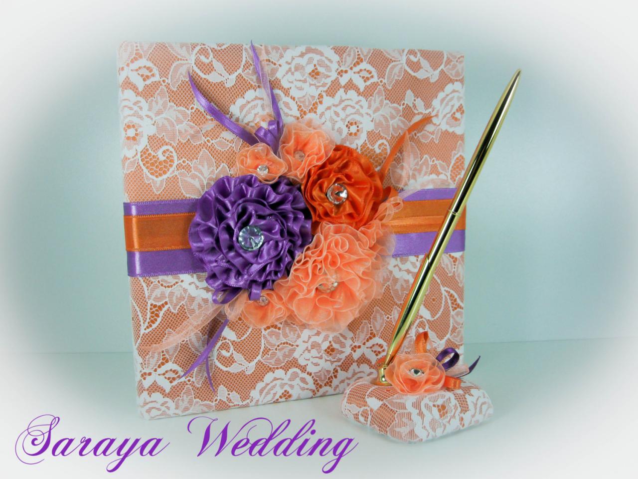 Wedding Guest Book With Orange And Purple Flowers, Wedding Guestbook, Wedding Sign In Book, Personalized Guest Book, Spring Wedding