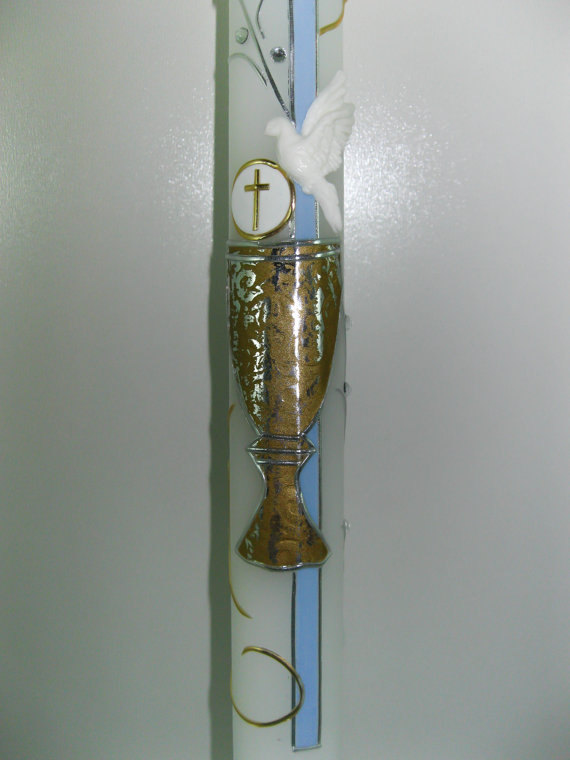 Candles For Baptism (christening), Golden Chalice, White Dove, Blue Cross, Candle First Holy Communion