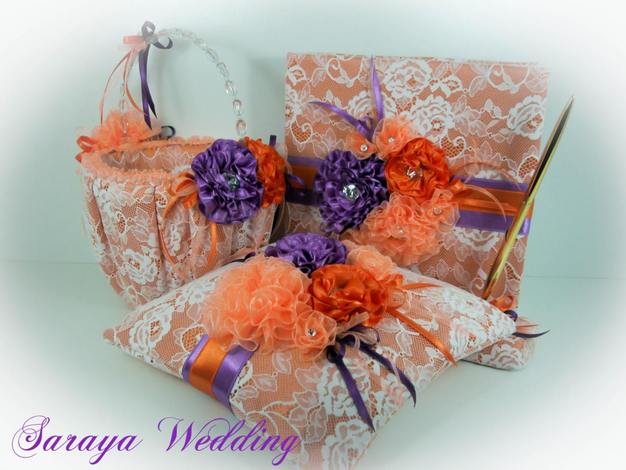 Ring Pillow, Flower Girl Basket, Guest Book, Wedding Set, Tangerine, Lilac, Peach, Gift Set, Bridal Set, Orange And Purple Wedding Set