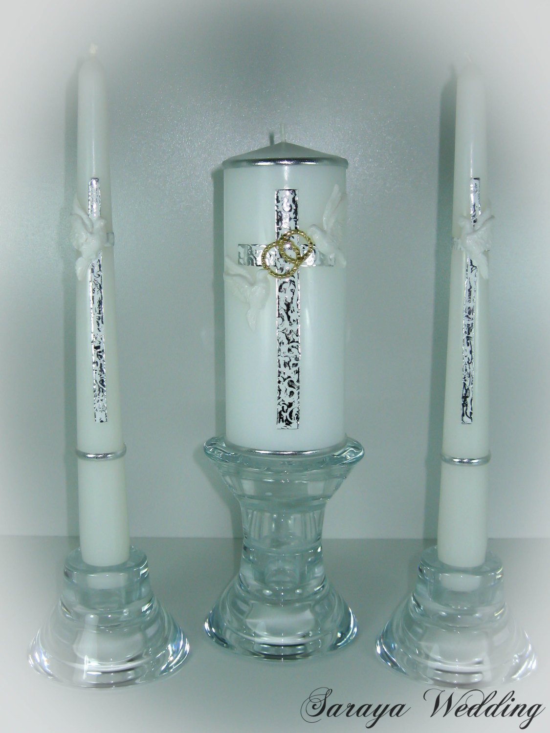 Handmade Hand Decorated Wedding Unity Candles Silver Cross With