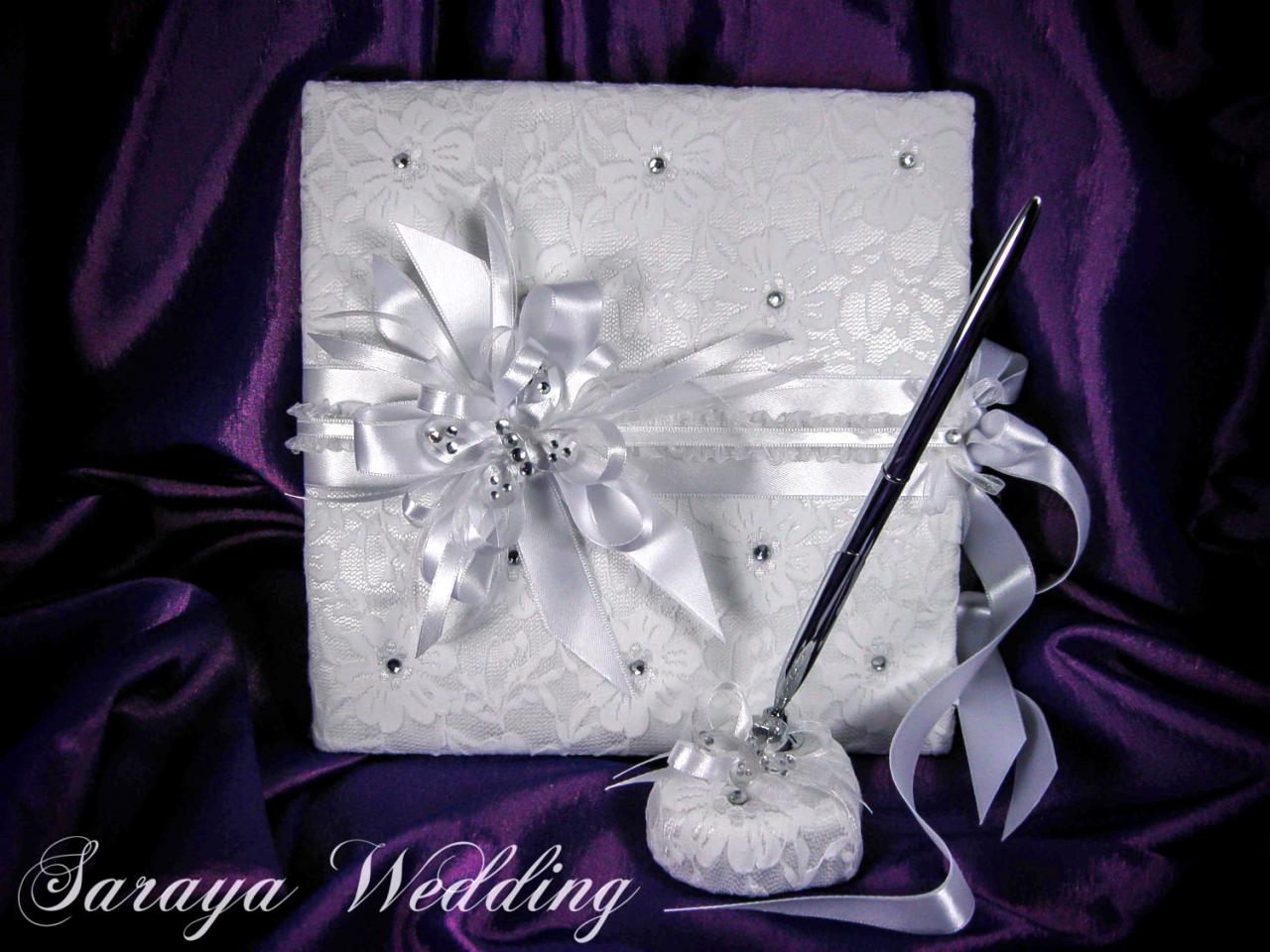 Satin Wedding Guest Book And Pen, Personalized Guest Book, Wedding Guestbook, Wedding Sign In Book, Wedding Guest Album, Crystal Guest Book