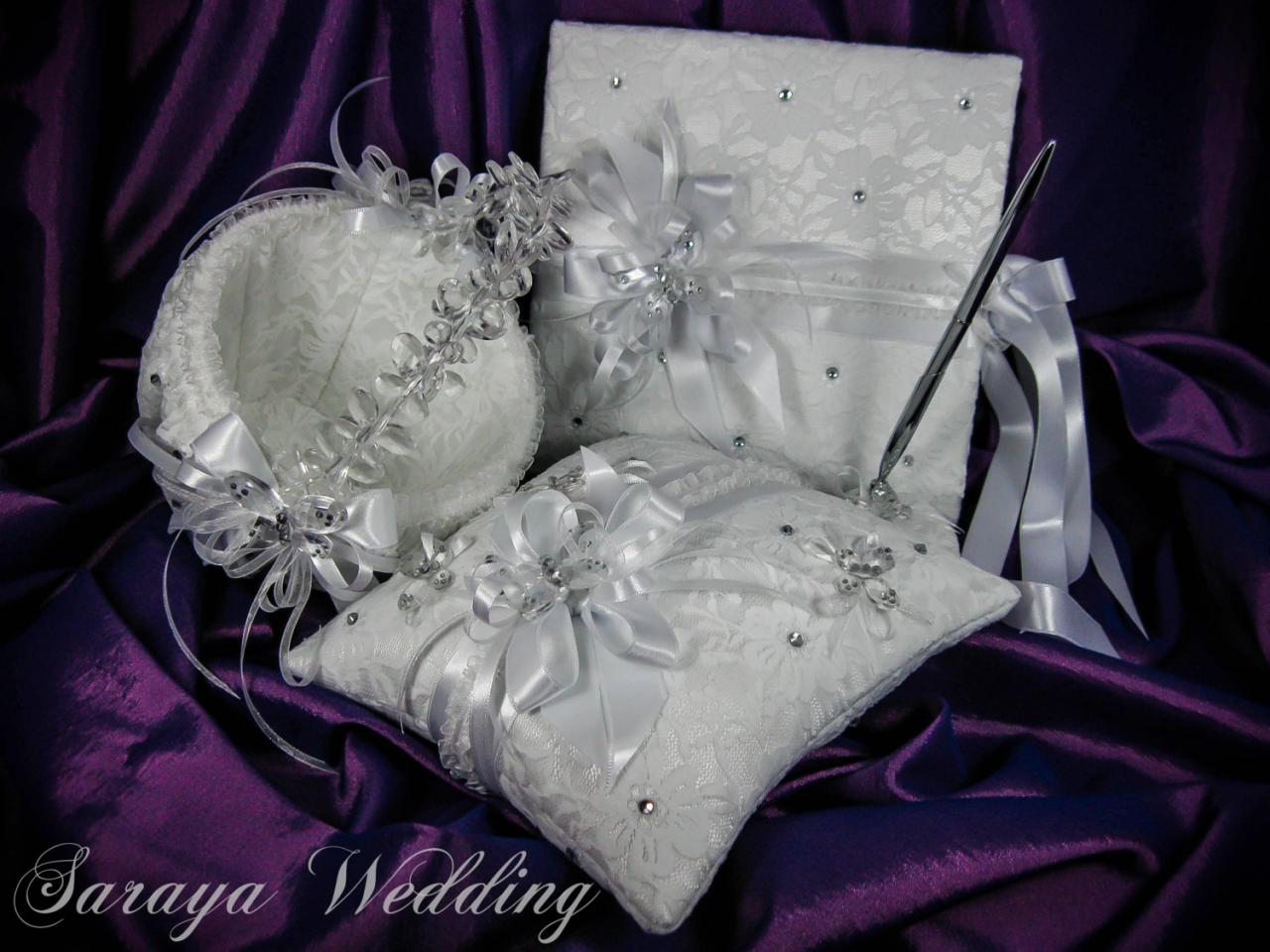 Wedding Set, Guest Book, Flower Girl Basket, Ring Bearer Pillow, White Satin, White Lace, White Ribbons, Crystals And Butterflies