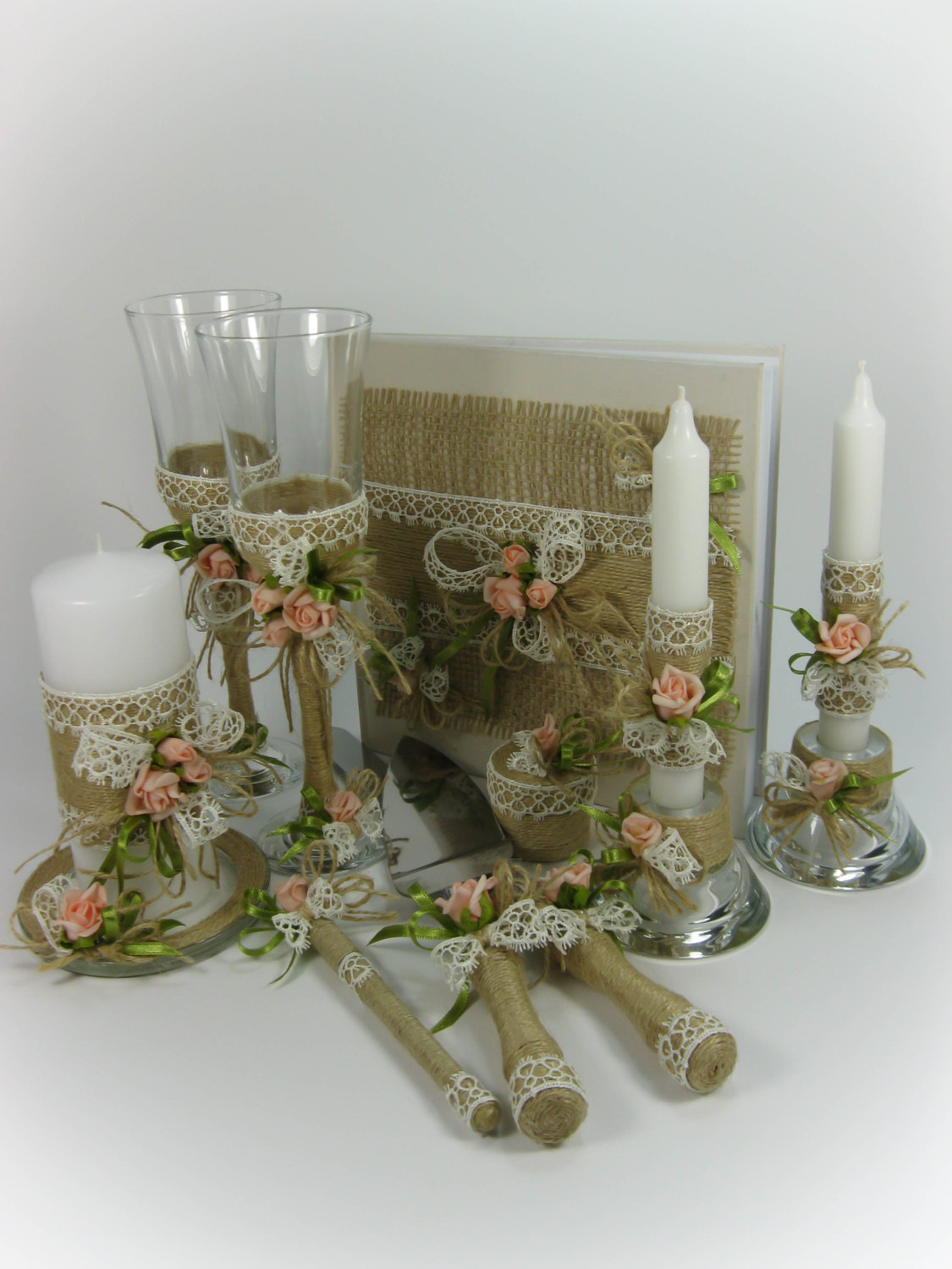 10 Piece Rustic Wedding Set, Rustic Glasses, Rustic Guest Book, Rustic Guestbook, Unity Candle, Cake Server, Cake Knife, Ring Box, Pen