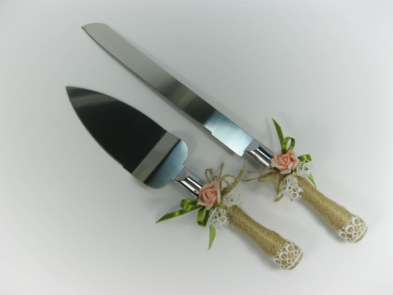 Rustic Wedding Cake Knife Set Roses Burlap And Flax Decoration