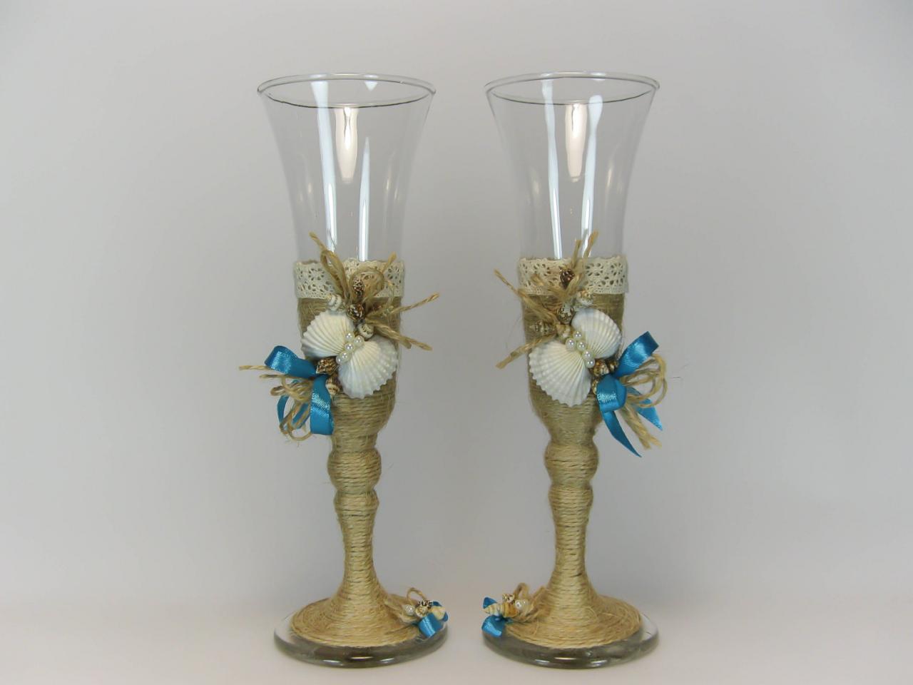 Rustic Style Wedding Glasses Seashells Decorated Rustic Wedding