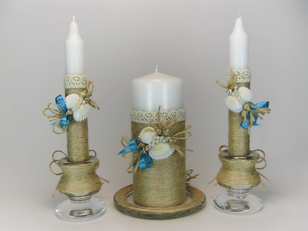 Handmade Rustic Wedding Unity Candles, Seashells, Beach Wedding, Pillar Candle, Taper Candles, Personalized Candles, Unity Candle Set