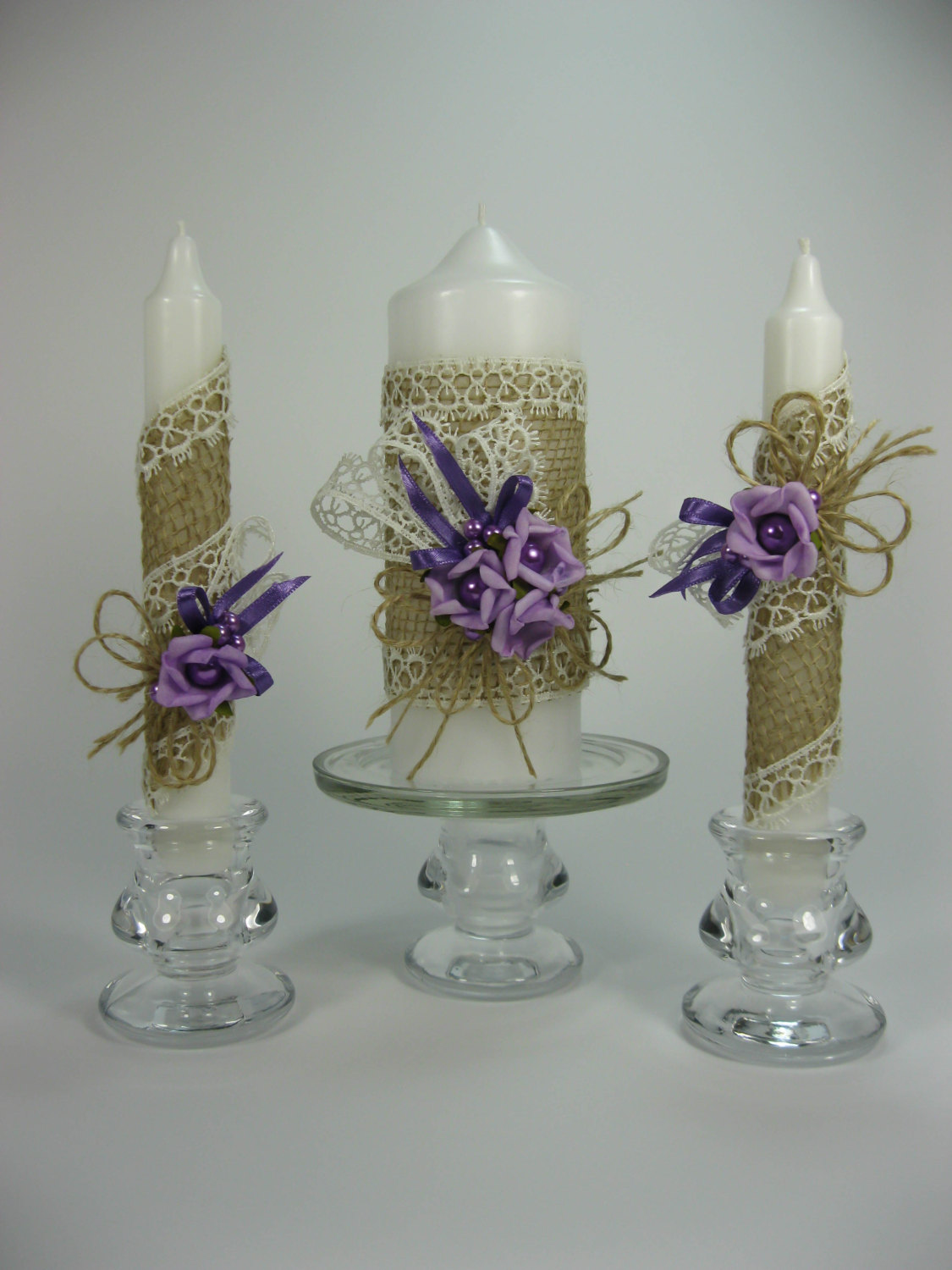Rustic Wedding Unity Candles, Purple Roses, Pearls, Handmade Candles, Pillar Candle, Taper Candles, Personalized Candles, Unity Candle Set