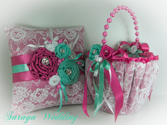 Flower Girl Basket And Ring Bearer Pillow Set In Aquamarine And Fuchsia Satin And White Lace, Wedding Set, Ring Holder, Wedding Favors