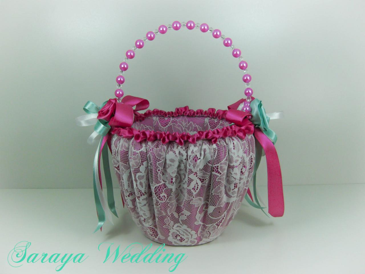 Flower Girl Basket, Wedding Basket In Fuchsia Satin, White Lace With Blue Green, White And Fuchsia Roses